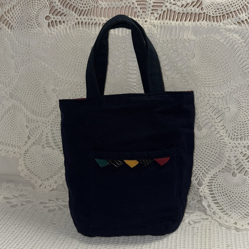 BOHO Fabric Reversible Mini Tote Bag Pockets Dual Handle Travel Folds Red Blue - Picture 10 of 14